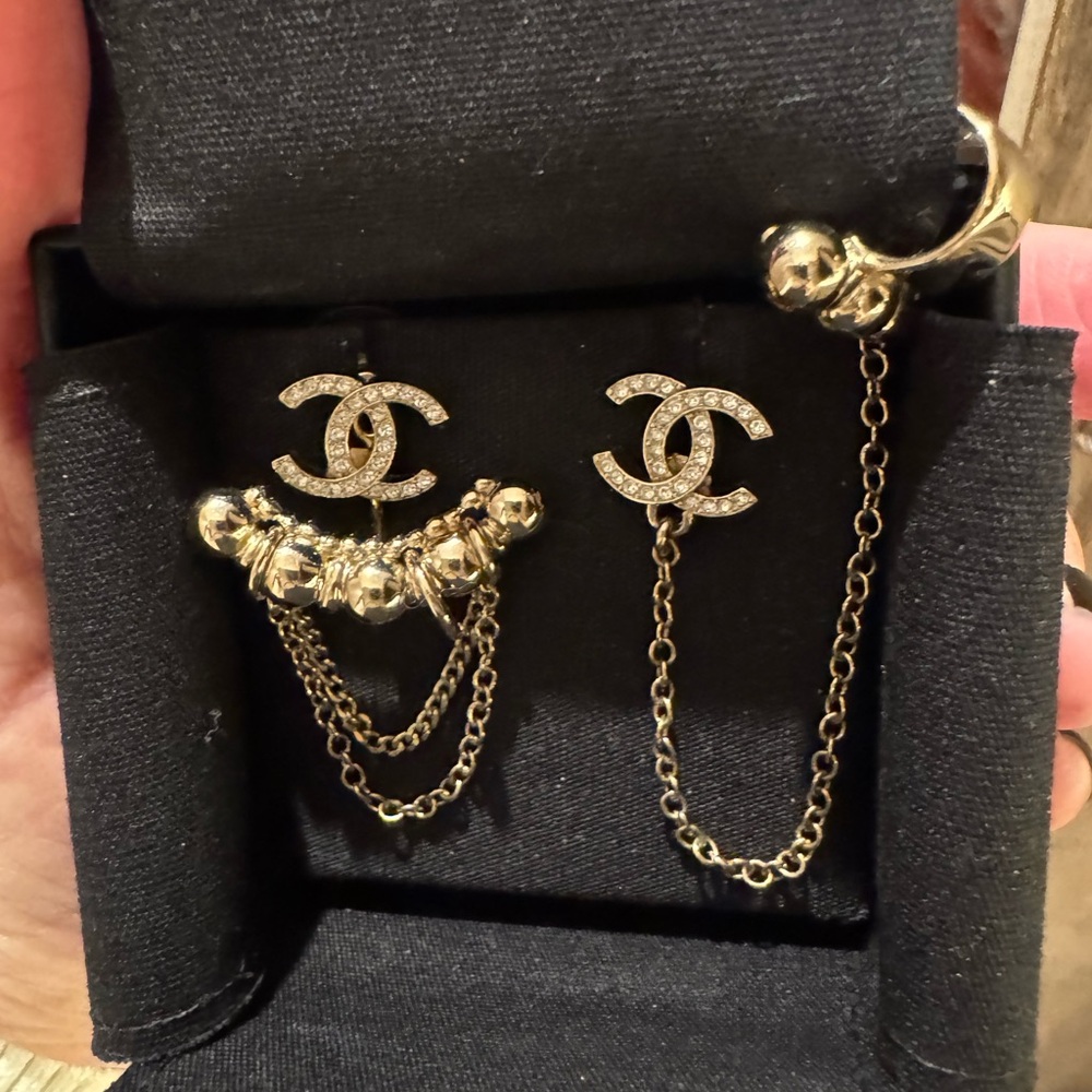Chanel Gold Crystal Cuff Chain Earrings